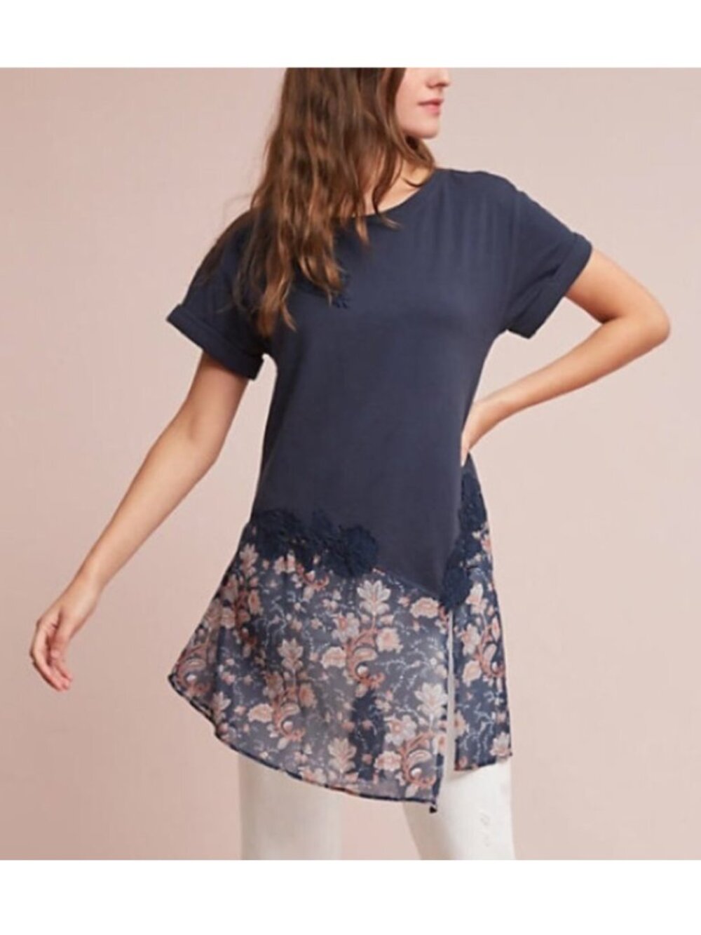 NTW Anthropologie Akemi + Kin Kris Lace Floral Embroidered Asymmetrical Tunic